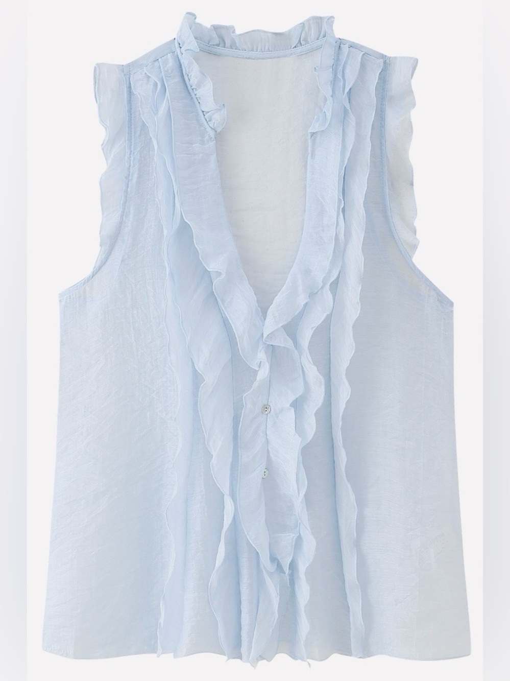 ZARA Semi Sheer Sleeveless Button Down Ruffled Blouse Sky Blue S